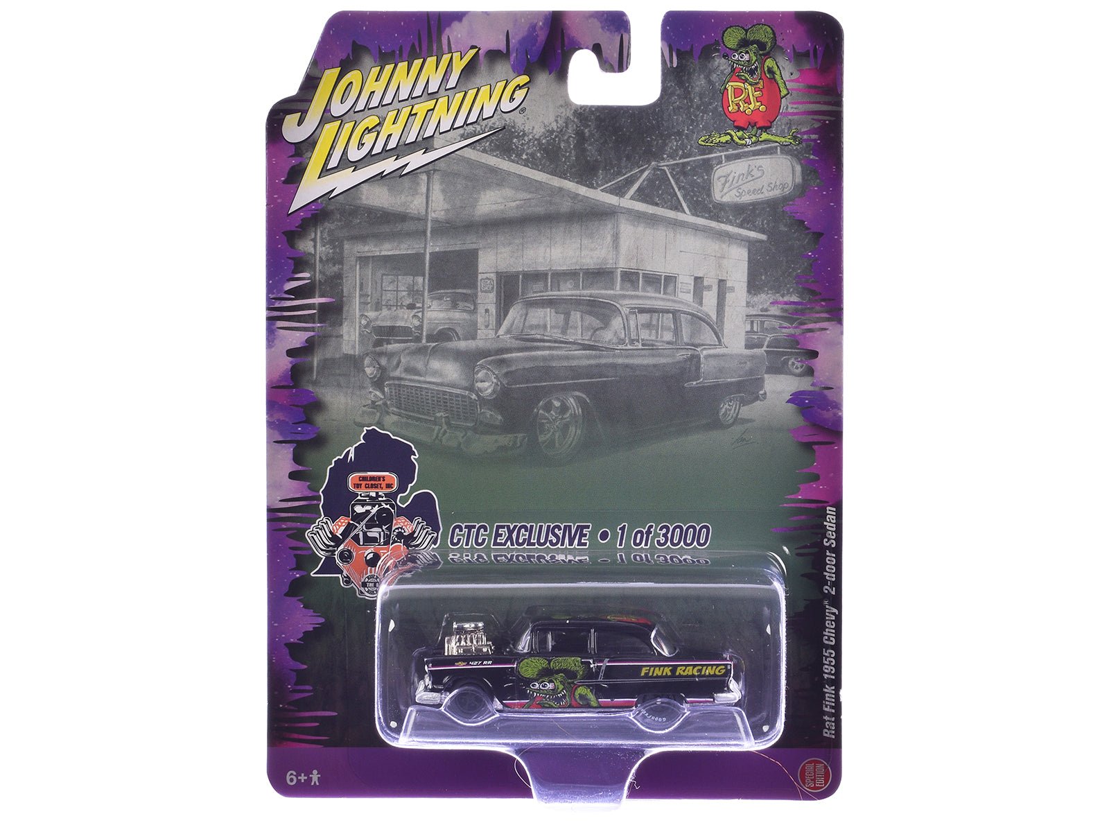 1955 Chevrolet 2 - Door Sedan "Rat Fink Racing" Black with Graphics "CTC Exclusive" Series Limited Edition to 3000 pieces Worldwide 1/64 Diecast Model Car by Johnny Lightning free shipping USA - Rapid Vehicles