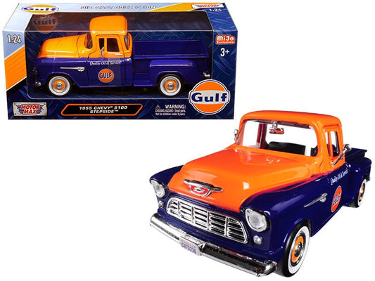 1955 Chevrolet 5100 Stepside Pickup Truck "Gulf" Dark Blue and Orange 1/24 Diecast Model Car by Motormax free shipping USA - Rapid Vehicles