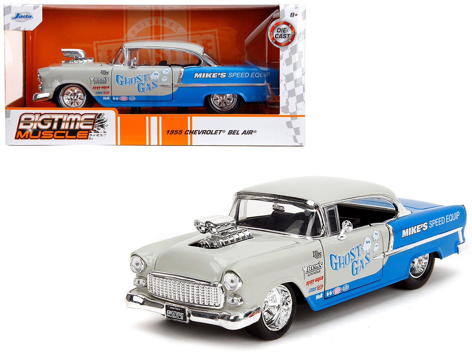 1955 Chevrolet Bel Air "Ghost Gas - Mike's Speed Equip" Light Gray and Blue "Bigtime Muscle" Series 1/24 Diecast Model Car by Jada free shipping USA - Rapid Vehicles