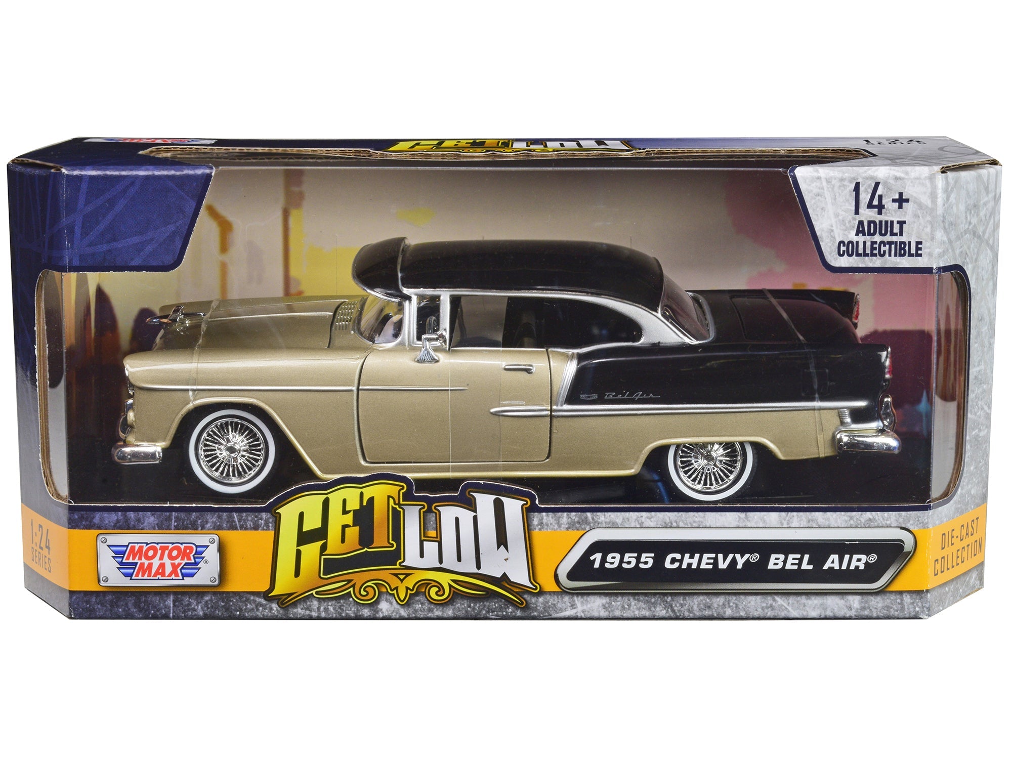 1955 Chevrolet Bel Air Lowrider Hard Top Beige Metallic and Black "Get Low" Series 1/24 Diecast Car Model by Motormax free shipping USA - Rapid Vehicles
