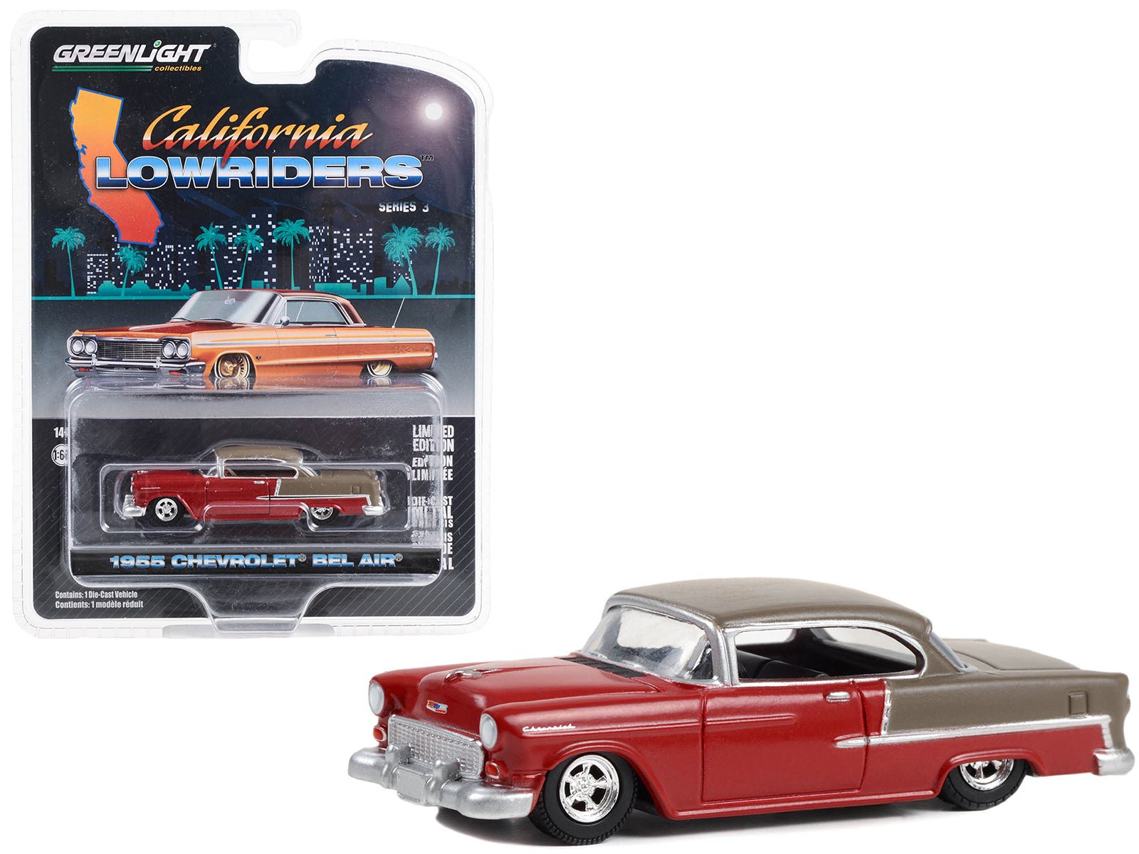 1955 Chevrolet Bel Air Lowrider Ruby Red and Matt Bronze "California Lowriders" Series 3 1/64 Diecast Model Car by Greenlight free shipping USA - Rapid Vehicles