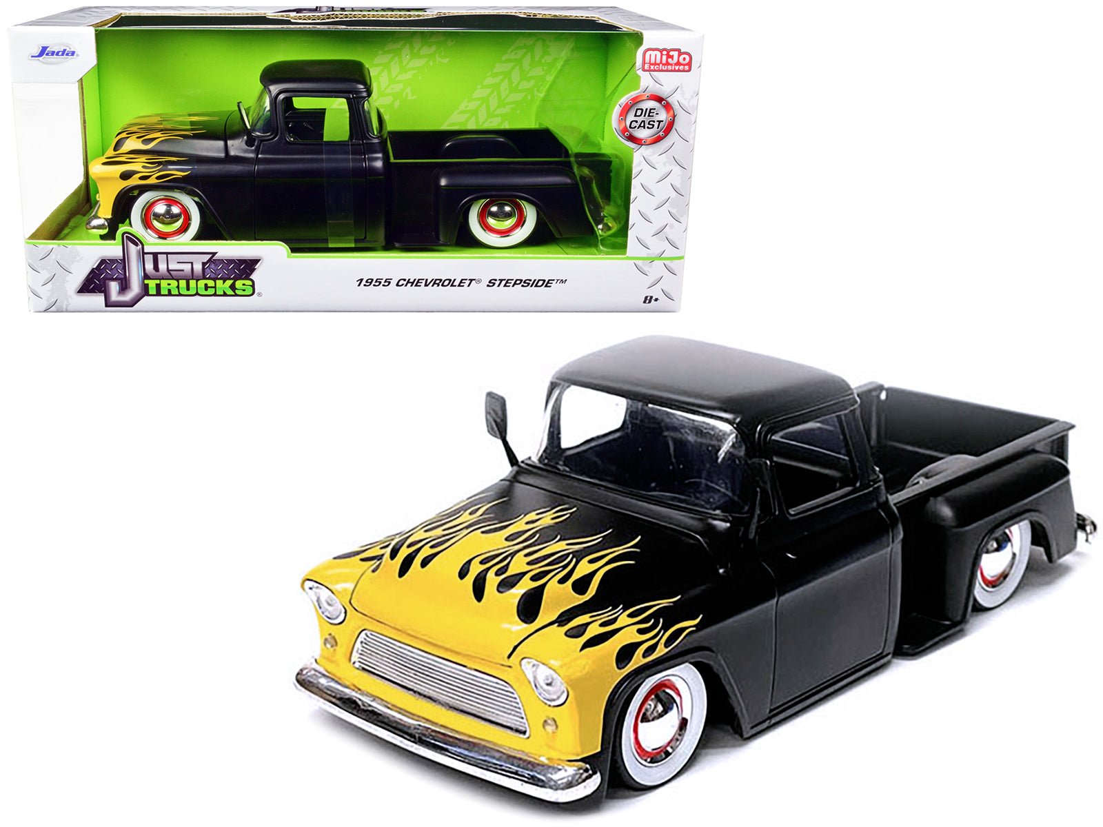 1955 Chevrolet Stepside Pickup Truck Matt Black with Yellow Flames "Just Trucks" Series 1/24 Diecast Model Car by Jada free shipping USA - Rapid Vehicles