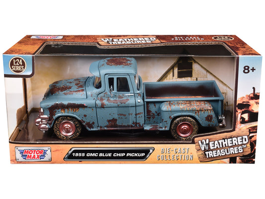 1955 GMC Blue Chip Pickup Truck Matt Blue (Rusted) "Weathered Treasures" Series 1/24 Diecast Model Car by Motormax free shipping USA - Rapid Vehicles