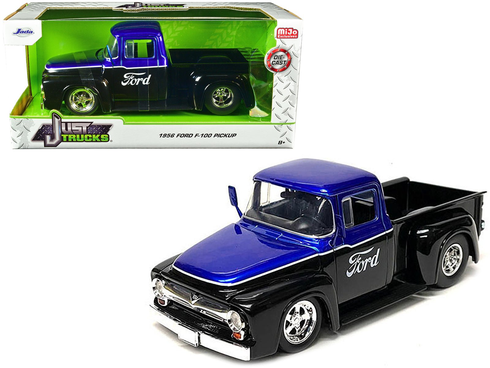 1956 Ford F - 100 Pickup Truck Black and Blue Metallic with Ford Graphics "Just Trucks" Series 1/24 Diecast Model Car by Jada free shipping USA - Rapid Vehicles