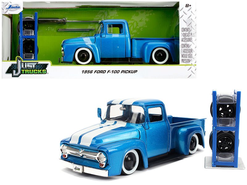 1956 Ford F - 100 Pickup Truck Blue Metallic with White Stripes and Extra Wheels "Just Trucks" Series 1/24 Diecast Model Car by Jada free shipping USA - Rapid Vehicles