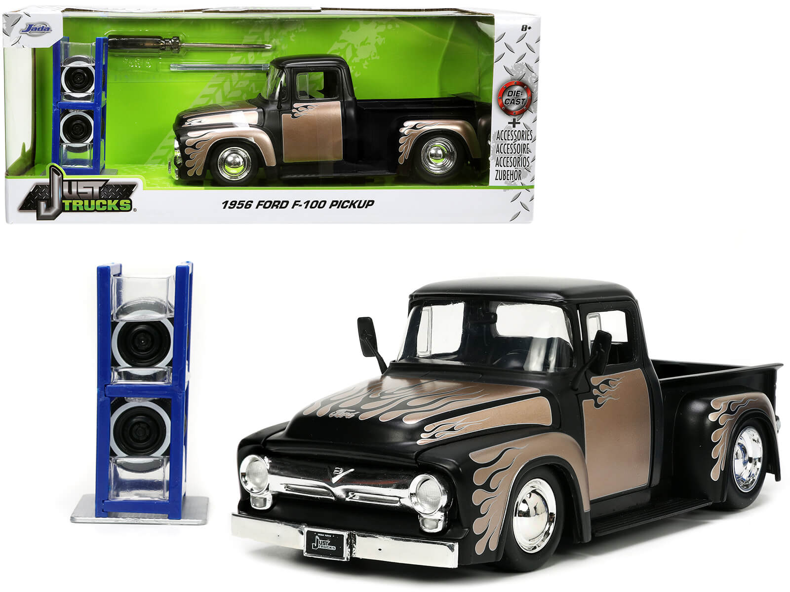 1956 Ford F-100 Pickup Truck Matt Black and Champagne with Flames with Extra Wheels "Just Trucks" Series 1/24 Diecast Model Car by Jada free shipping USA - Rapid Vehicles
