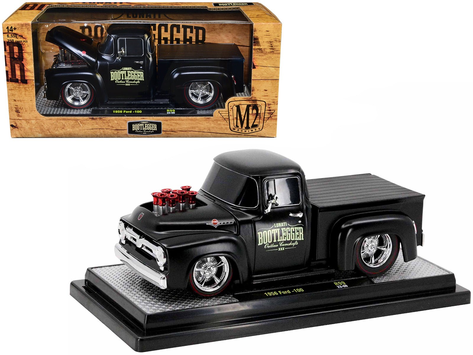 1956 Ford F - 100 Pickup Truck Matt Black "Lunati Bootlegger" Limited Edition to 6550 pieces Worldwide 1/24 Diecast Model Car by M2 Machines free shipping USA - Rapid Vehicles