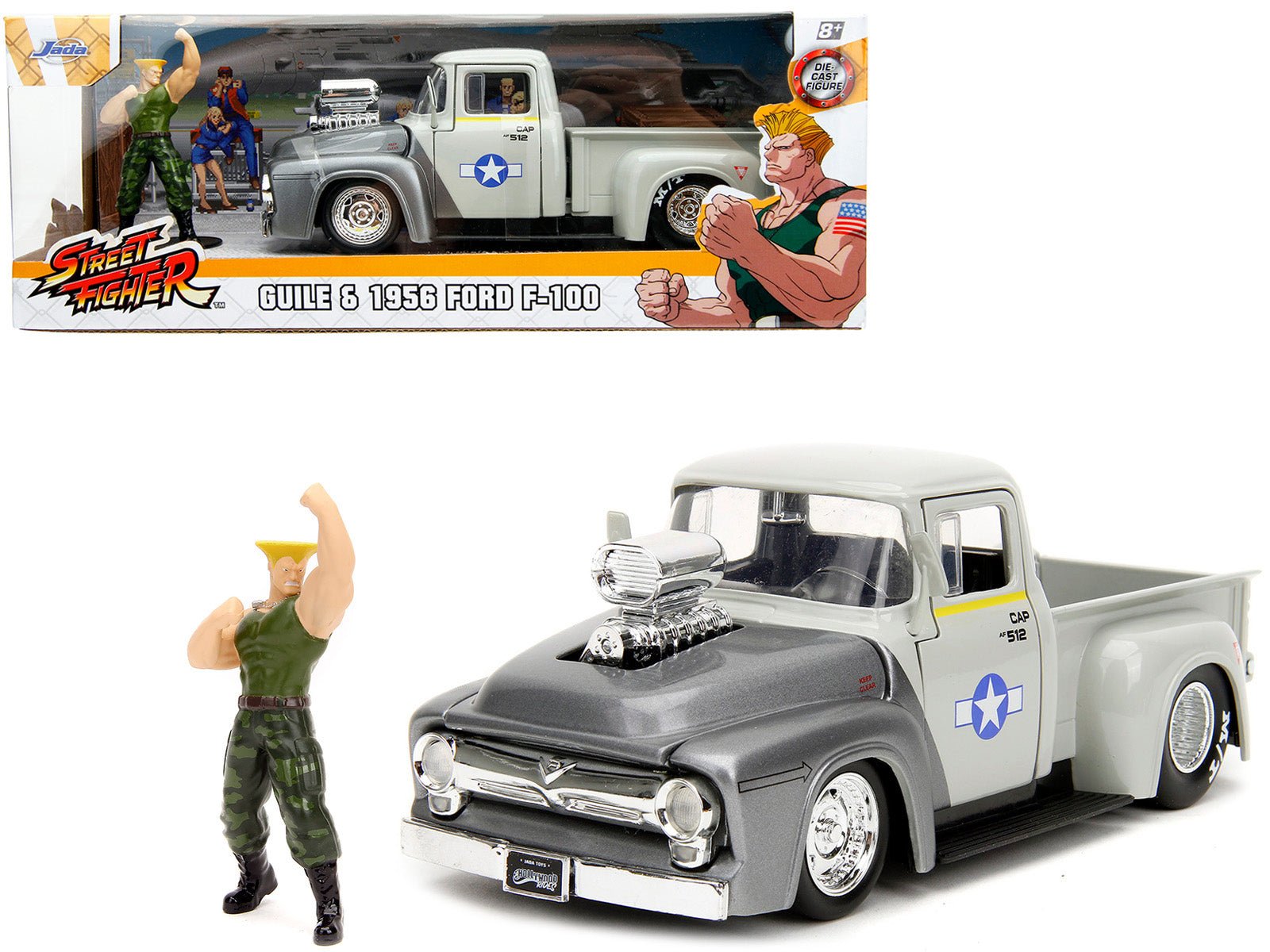1956 Ford F - 100 Pickup Truck Tan and Gray Metallic and Guile Diecast Figure "Street Fighter" Video Game "Anime Hollywood Rides" Series 1/24 Diecast Model Car by Jada free shipping USA - Rapid Vehicles