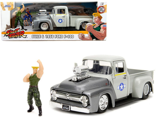 1956 Ford F - 100 Pickup Truck Tan and Gray Metallic and Guile Diecast Figure "Street Fighter" Video Game "Anime Hollywood Rides" Series 1/24 Diecast Model Car by Jada free shipping USA - Rapid Vehicles