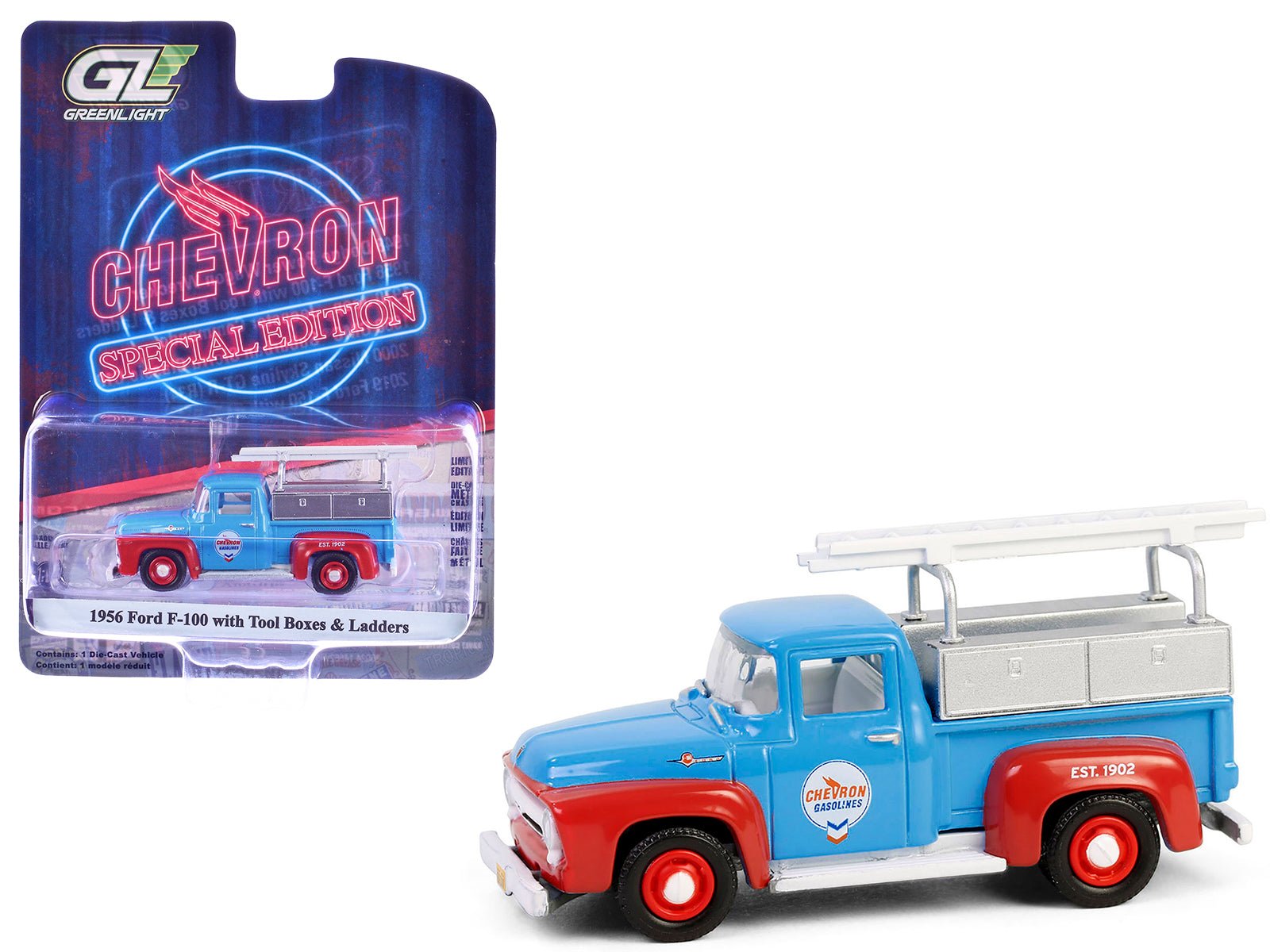 1956 Ford F - 100 Pickup Truck with Tool Boxes and Ladders "Chevron" Blue and Red "Chevron Special Edition" Series 1 1/64 Diecast Model Car by Greenlight free shipping USA - Rapid Vehicles