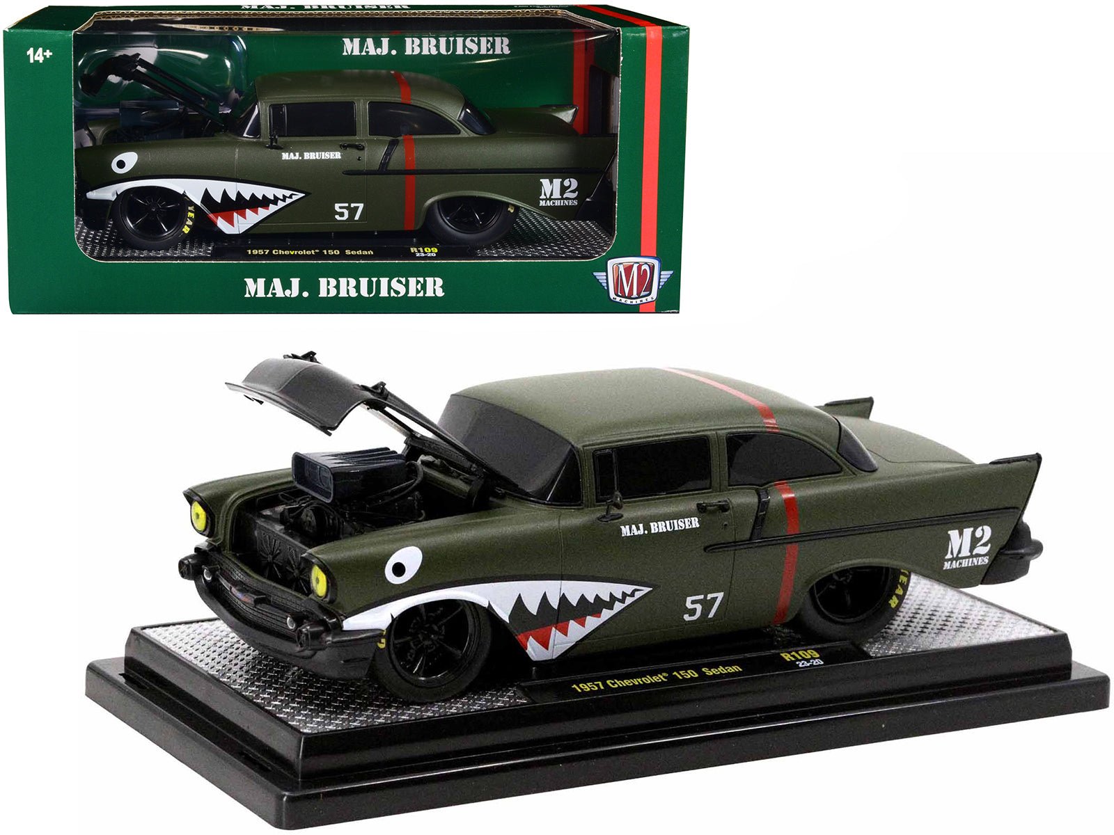 1957 Chevrolet 150 Sedan 57 Matt Green Metallic "Major Bruiser" Limited Edition to 5650 pieces Worldwide 1/24 Diecast Model Car by M2 Machines free shipping USA - Rapid Vehicles