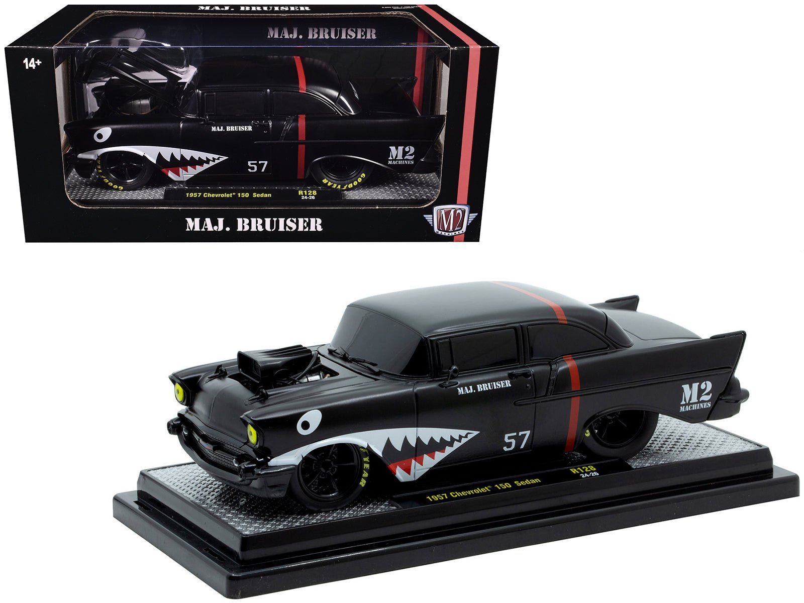 1957 Chevrolet 150 Sedan "Maj. Bruiser" Matt Black with Red Stripe and Shark Mouth Graphics Limited Edition to 6650 pieces Worldwide 1/24 Diecast Model Car by M2 Machines free shipping USA - Rapid Vehicles