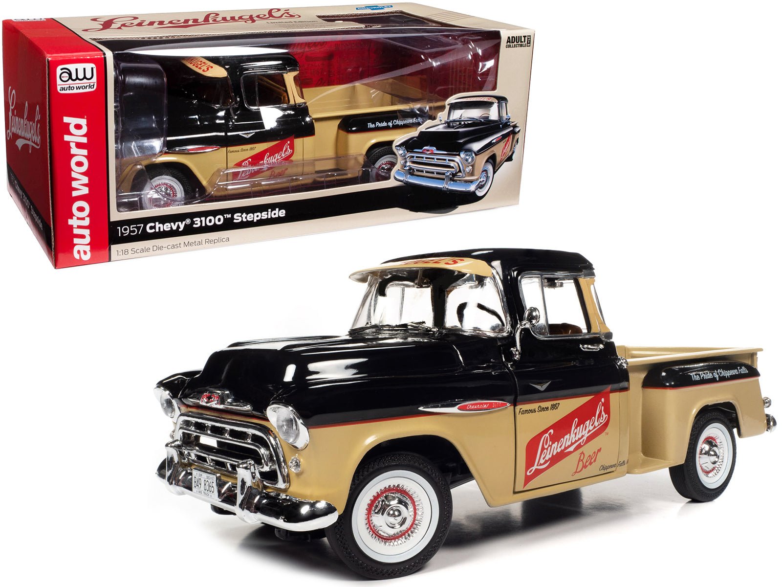 1957 Chevrolet 3100 Stepside Pickup Truck Black and Tan with Graphics "Leinenkugle's Beer The Pride of Chippewa Falls" 1/18 Diecast Model by Auto World free shipping USA - Rapid Vehicles