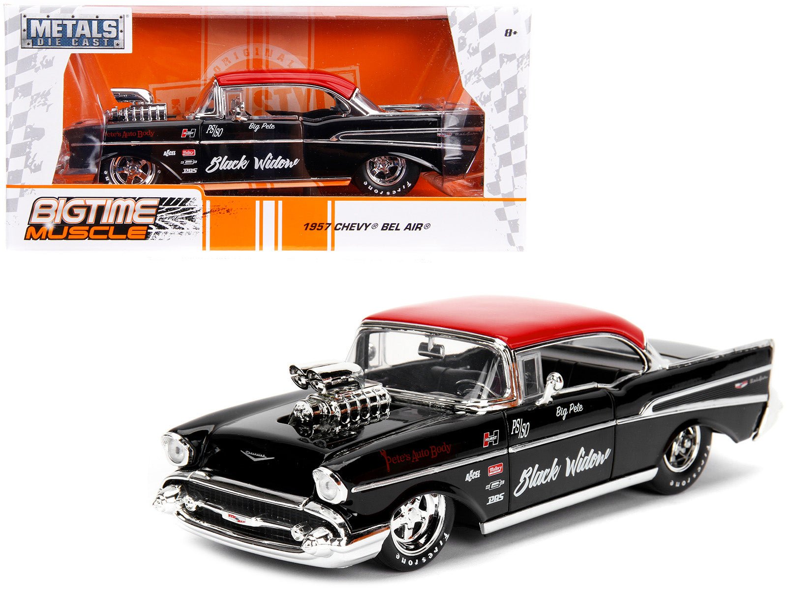 1957 Chevrolet Bel Air Black with Red Top "Pete's Auto Body: Black Widow" "Bigtime Muscle" Series 1/24 Diecast Model Car by Jada free shipping USA - Rapid Vehicles