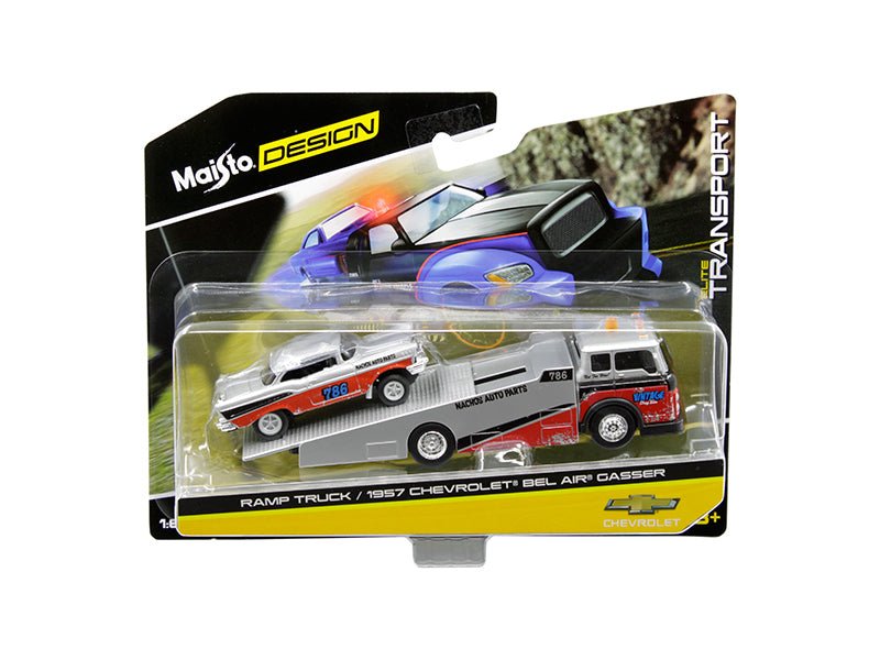 1957 Chevrolet Bel Air Gasser 786 Silver and Red with Ramp Tow Truck "Elite Transport" 1/64 Diecast Models by Maisto free shipping USA - Rapid Vehicles