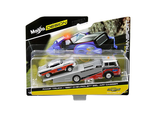 1957 Chevrolet Bel Air Gasser 786 Silver and Red with Ramp Tow Truck "Elite Transport" 1/64 Diecast Models by Maisto free shipping USA - Rapid Vehicles