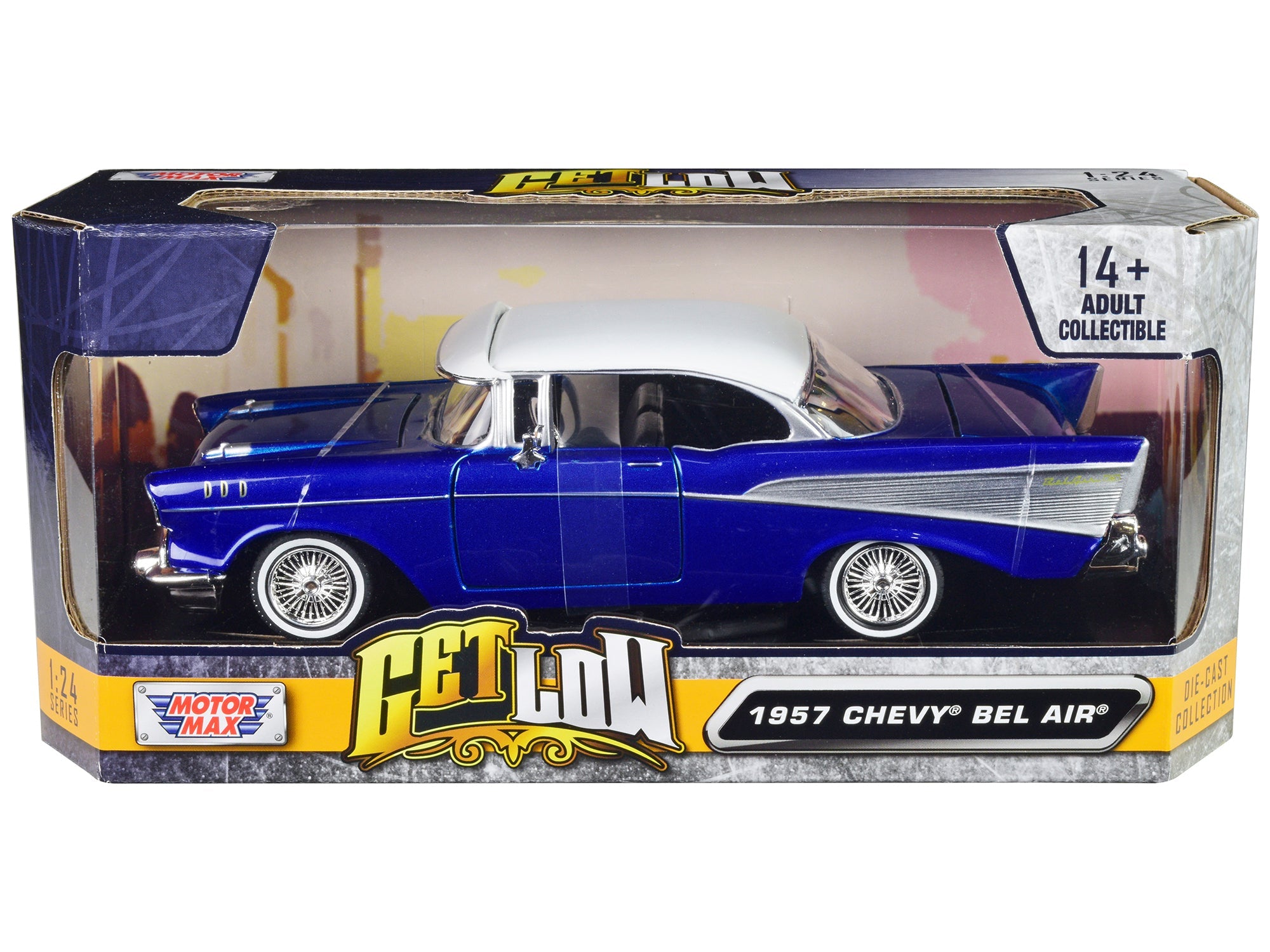 1957 Chevrolet Bel Air Lowrider Candy Blue with White Top "Get Low" Series 1/24 Diecast Model Car by Motormax free shipping USA - Rapid Vehicles