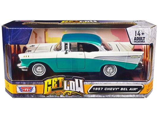 1957 Chevrolet Bel Air Lowrider Turquoise Metallic and White "Get Low" Series 1/24 Diecast Model Car by Motormax free shipping USA - Rapid Vehicles