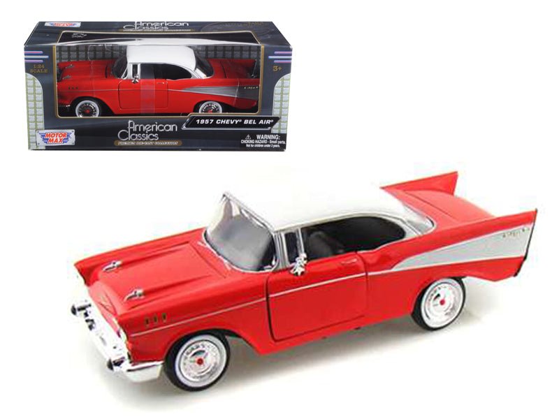 1957 Chevrolet Bel Air Red with White Top 1/24 Diecast Model Car by Motormax free shipping USA - Rapid Vehicles