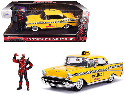 1957 Chevrolet Bel Air Taxi Yellow with Deadpool Diecast Figurine "Marvel" Series 1/24 Diecast Model Car by Jada free shipping USA - Rapid Vehicles