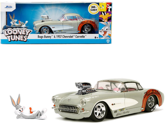 1957 Chevrolet Corvette Beige with Pink Interior with Bugs Bunny Figure "Looney Tunes" "Hollywood Rides" Series 1/24 Diecast Model Car by Jada free shipping USA - Rapid Vehicles