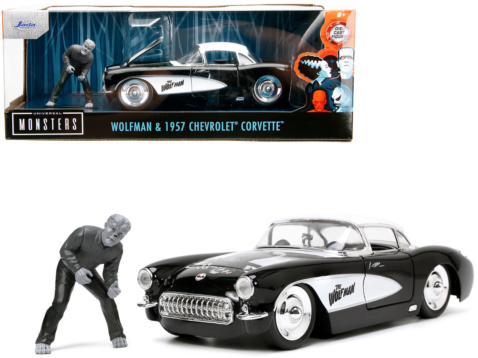 1957 Chevrolet Corvette Black with White Top and Wolfman Diecast Figure "Universal Monsters" "Hollywood Rides" Series 1/24 Diecast Model Car by Jada free shipping USA - Rapid Vehicles