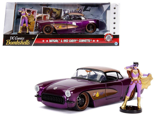 1957 Chevrolet Corvette Purple with Batgirl Diecast Figurine "DC Comics Bombshells" Series 1/24 Diecast Model Car by Jada free shipping USA - Rapid Vehicles