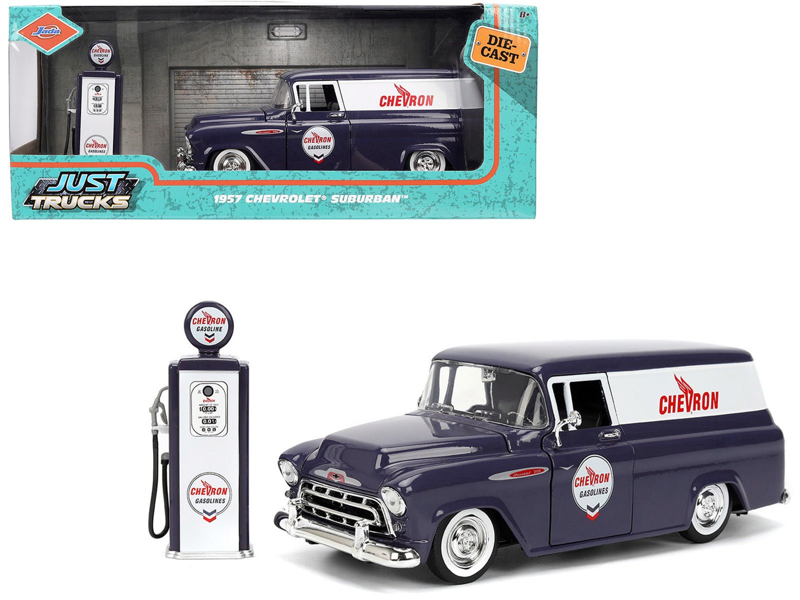 1957 Chevrolet Suburban "Chevron" Dark Blue with White Stripes and Chevron Gas Pump "Just Trucks" Series 1/24 Diecast Model Car by Jada free shipping USA - Rapid Vehicles