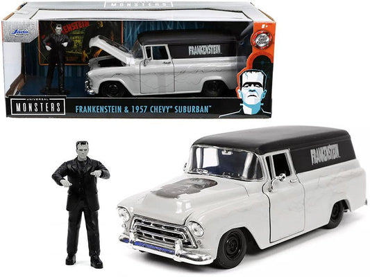 1957 Chevrolet Suburban Gray and Black with Graphics and Frankenstein Diecast Figurine "Universal Monsters" "Hollywood Rides" Series 1/24 Diecast Model Car by Jada free shipping USA - Rapid Vehicles