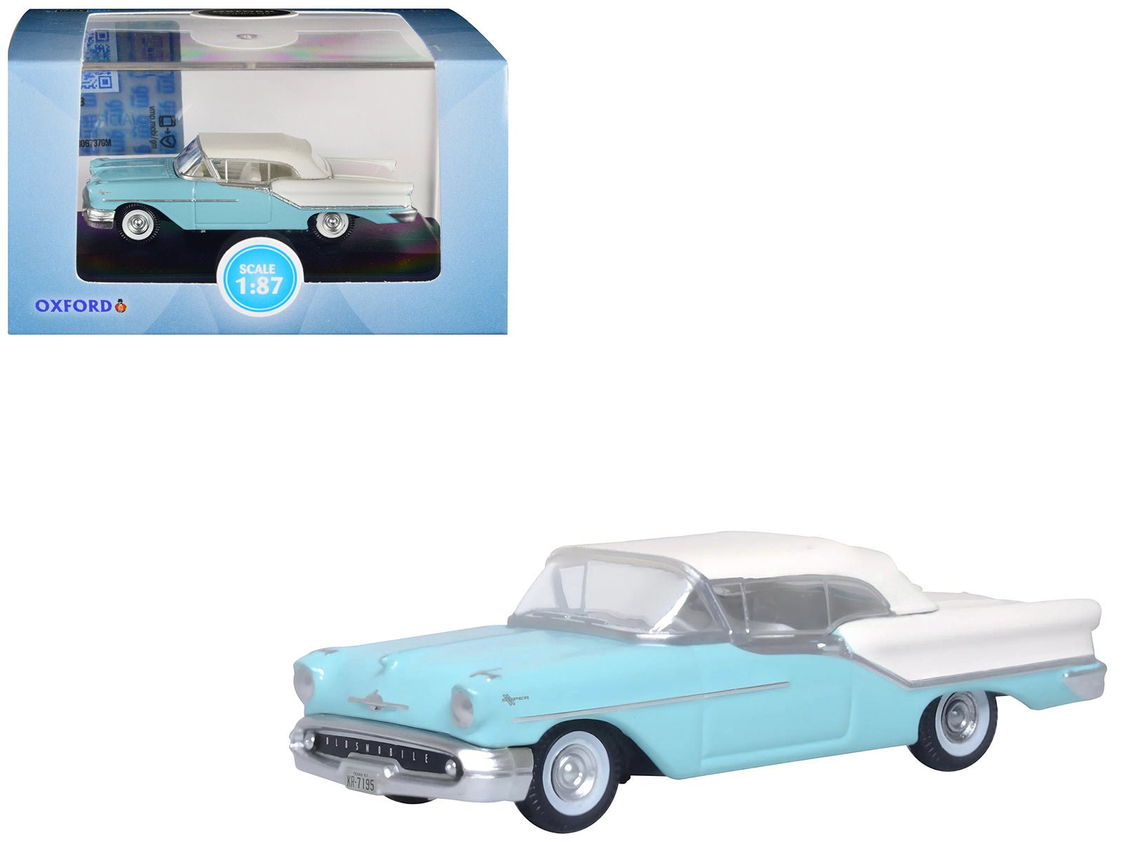 1957 Oldsmobile 88 Convertible (Top - Up) Banff Blue and Alcan White with White 1/87 (HO) Scale Diecast Model Car by Oxford Diecast free shipping USA - Rapid Vehicles