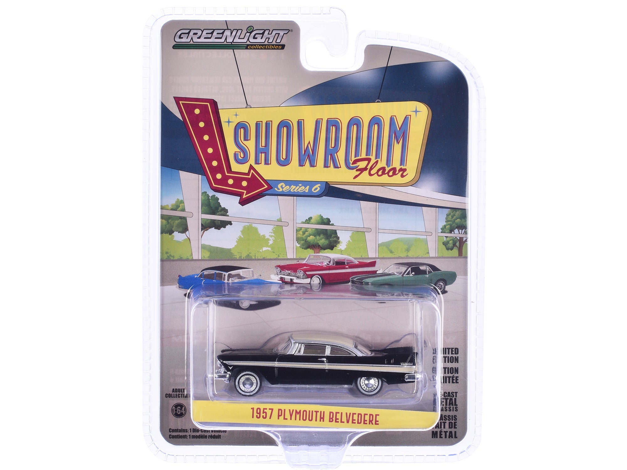 1957 Plymouth Belvedere Jet Black with Sand Dune White Top and Stripes "Showroom Floor" Series 6 1/64 Diecast Model Car by Greenlight free shipping USA - Rapid Vehicles