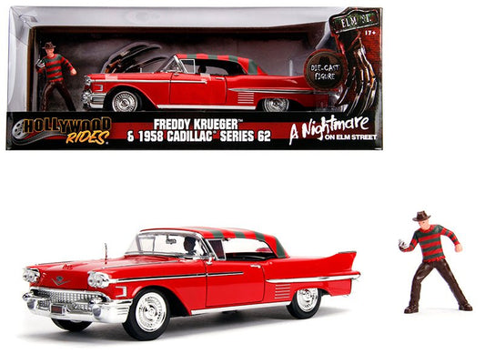 1958 Cadillac Series 62 Red with Freddy Krueger Diecast Figurine "A Nightmare on Elm Street" Movie 1/24 Diecast Model Car by Jada free shipping USA - Rapid Vehicles