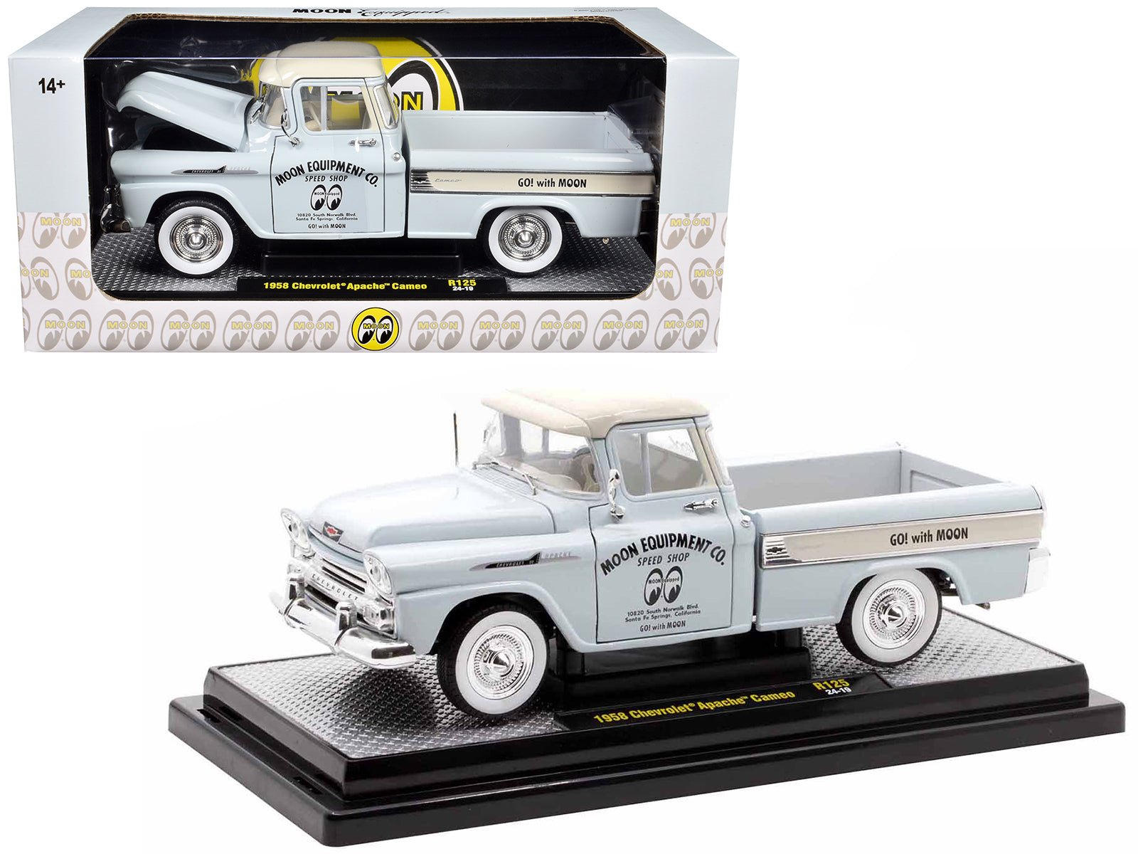1958 Chevrolet Apache Cameo Pickup Truck "Mooneyes" Light Gray with White Top Limited Edition to 6650 pieces Worldwide 1/24 Diecast Model Car by M2 Machines free shipping USA - Rapid Vehicles