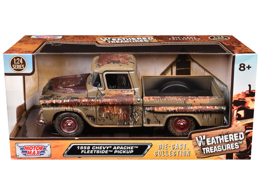 1958 Chevrolet Apache Fleetside Pickup Brown (Rusted) "Weathered Treasures" Series 1/24 Diecast Model Car by Motormax free shipping USA - Rapid Vehicles