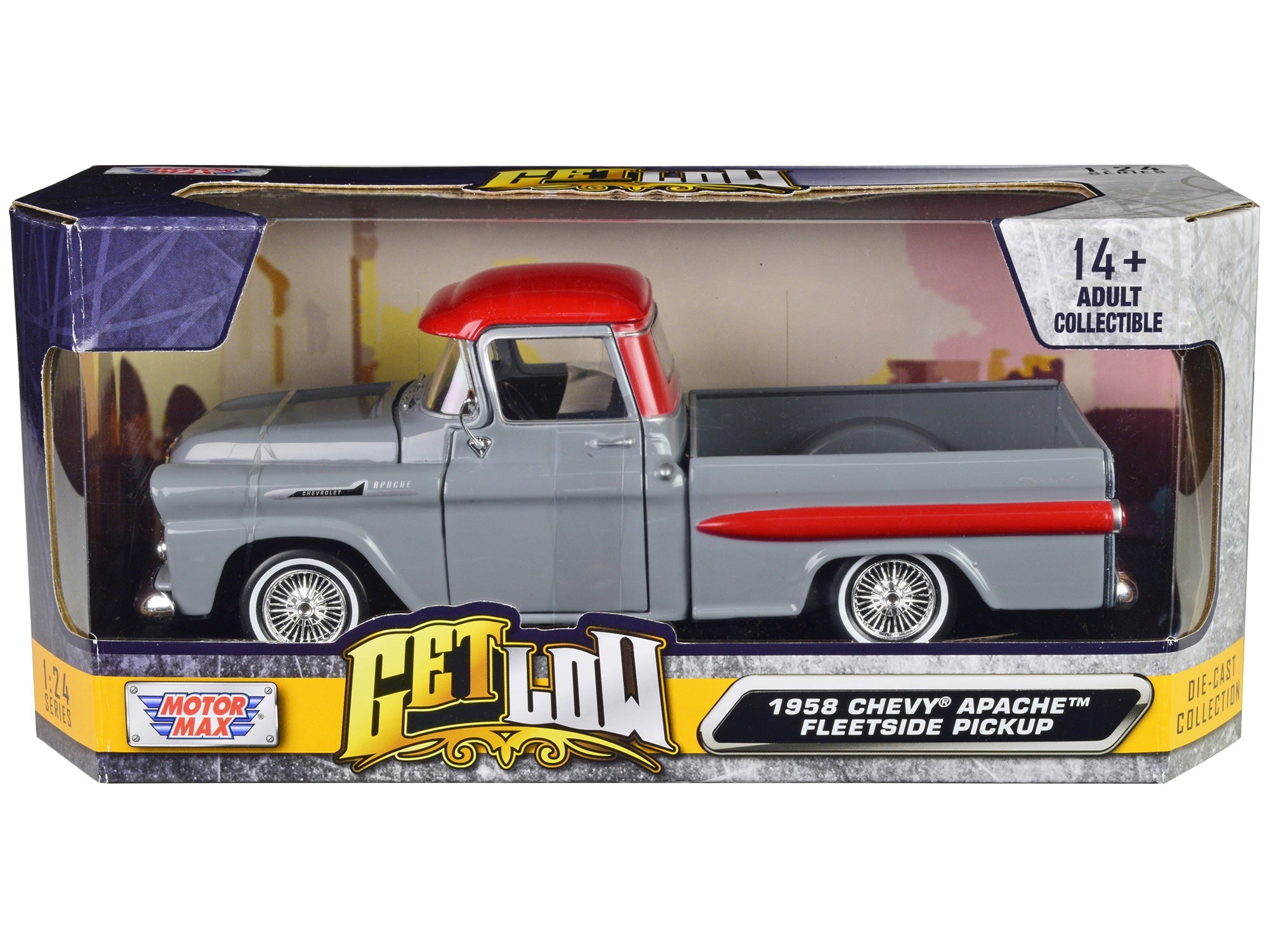 1958 Chevrolet Apache Fleetside Pickup Truck Lowrider Gray with Red Top "Get Low" Series 1/24 Diecast Model Car by Motormax free shipping USA - Rapid Vehicles