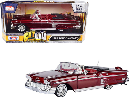 1958 Chevrolet Impala Convertible Lowrider Dark Red Metallic with Red Interior "Get Low" Series 1/24 Diecast Model Car by Motormax free shipping USA - Rapid Vehicles