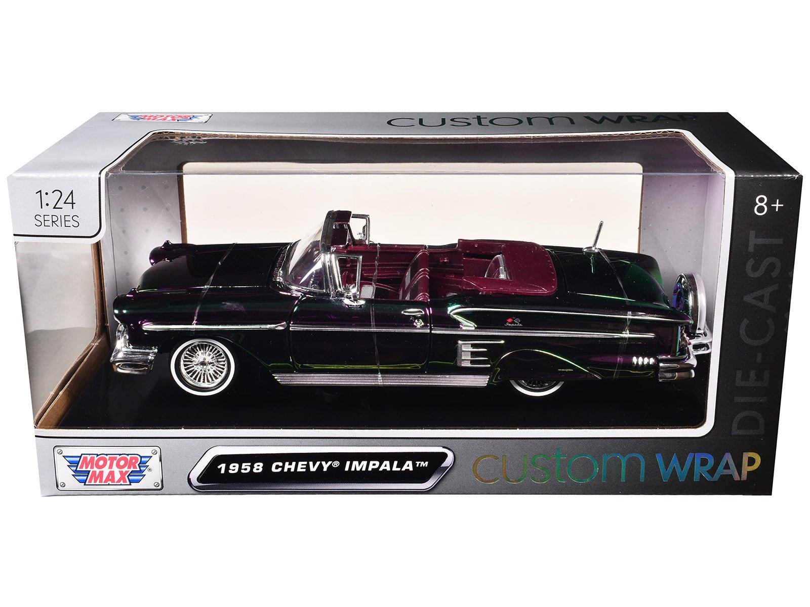 1958 Chevrolet Impala Green and Purple Chrome "Custom Wrap" Series 1/24 Diecast Model Car by Motormax free shipping USA - Rapid Vehicles