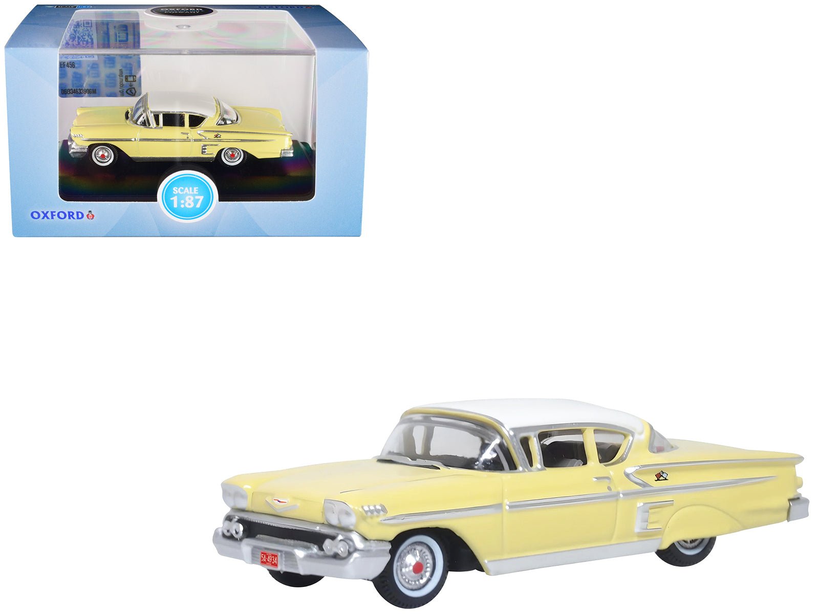 1958 Chevrolet Impala Sport Colonial Cream with Snowcrest White Top 1/87 (HO) Scale Diecast Model Car by Oxford Diecast free shipping USA - Rapid Vehicles