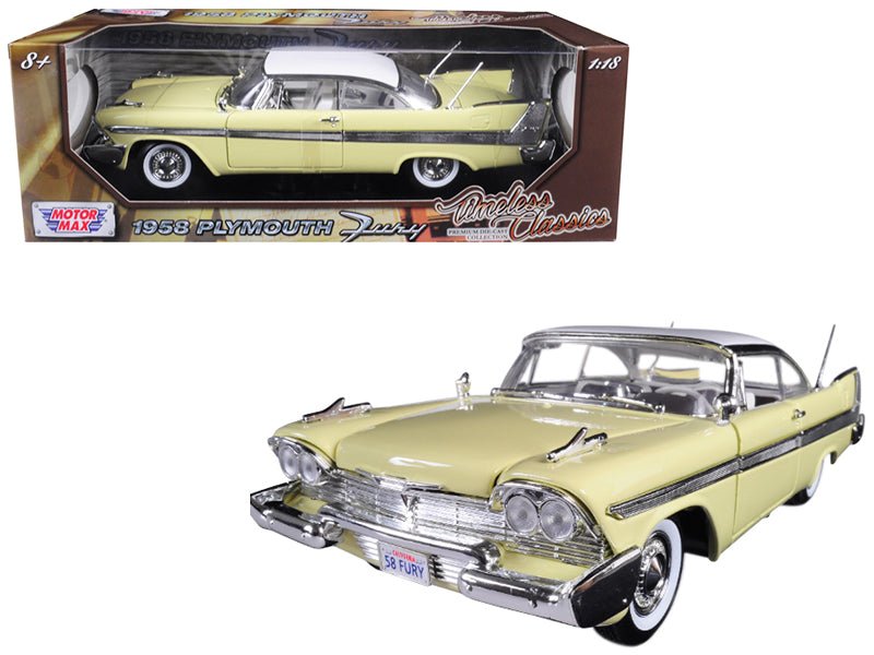 1958 Plymouth Fury "Timeless Classics" Yellow with White Top 1/18 Diecast Model Car by Motormax free shipping USA - Rapid Vehicles