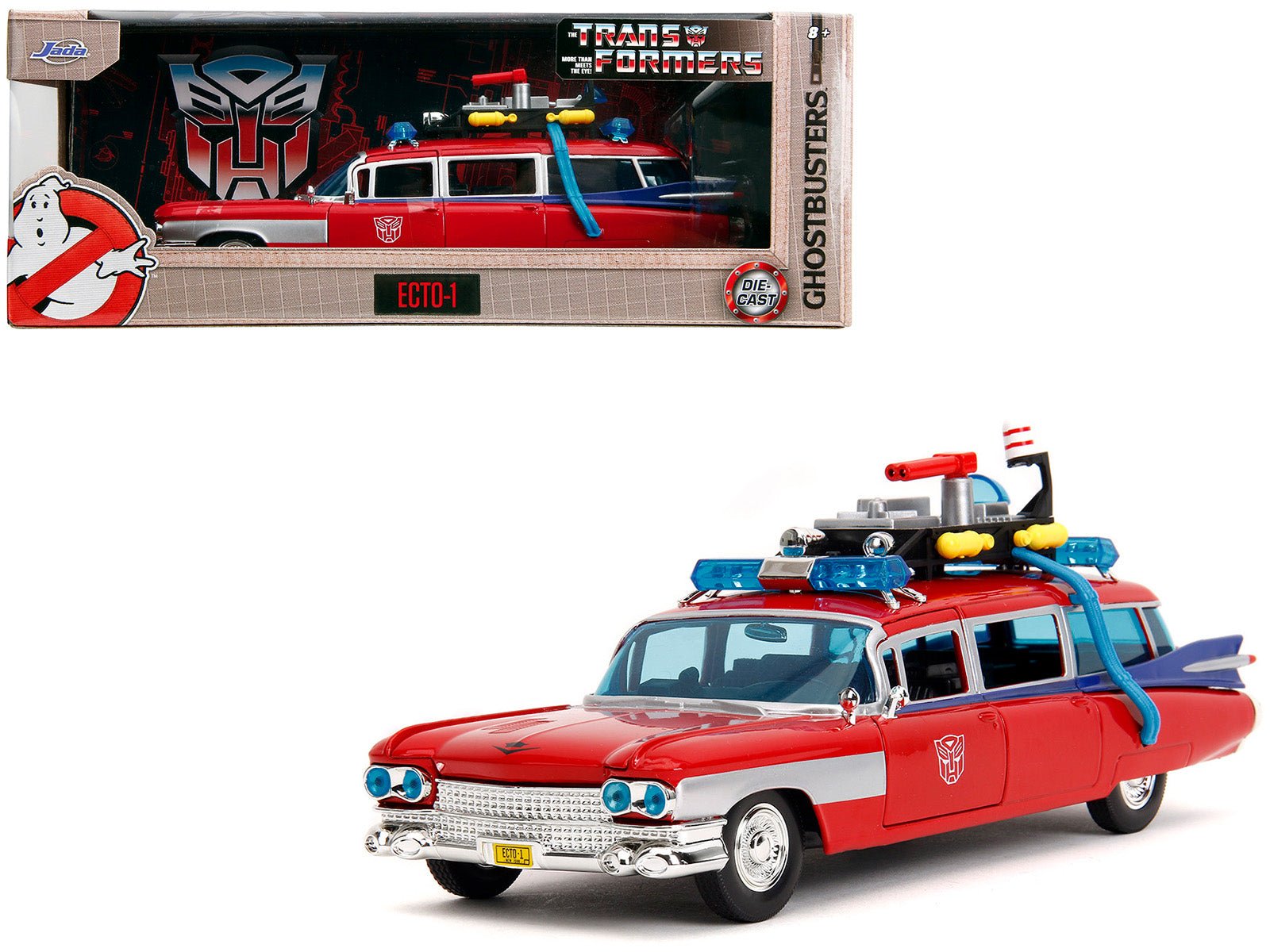 1959 Cadillac Ambulance Ecto - 1 Red "Transformers" TV Series - "Ghostbusters" (1984) Movie Crossover "Hollywood Rides" Series 1/24 Diecast Model Car by Jada free shipping USA - Rapid Vehicles