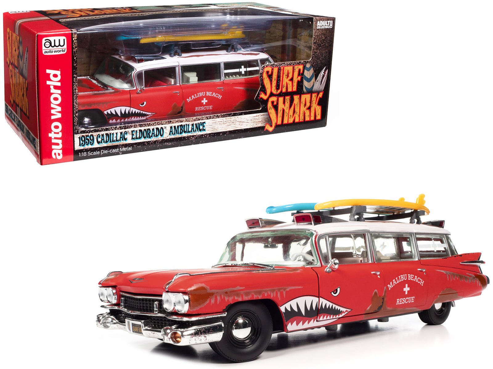 1959 Cadillac Eldorado Ambulance Red with White Top "Malibu Beach Rescue" (Weathered) with Surfboards on Roof "Surf Shark" 1/18 Diecast Model Car by Auto World free shipping USA - Rapid Vehicles