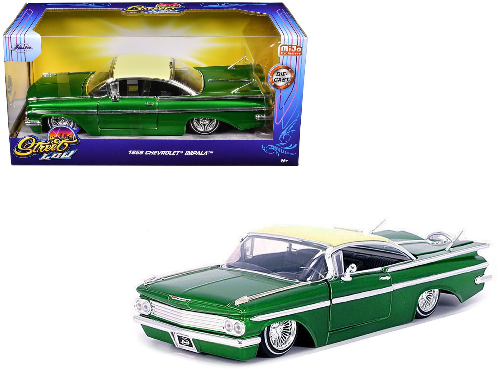1959 Chevrolet Impala Lowrider Green Metallic with Cream Top and Wire Wheels "Street Low" Series 1/24 Diecast Model Car by Jada free shipping USA - Rapid Vehicles