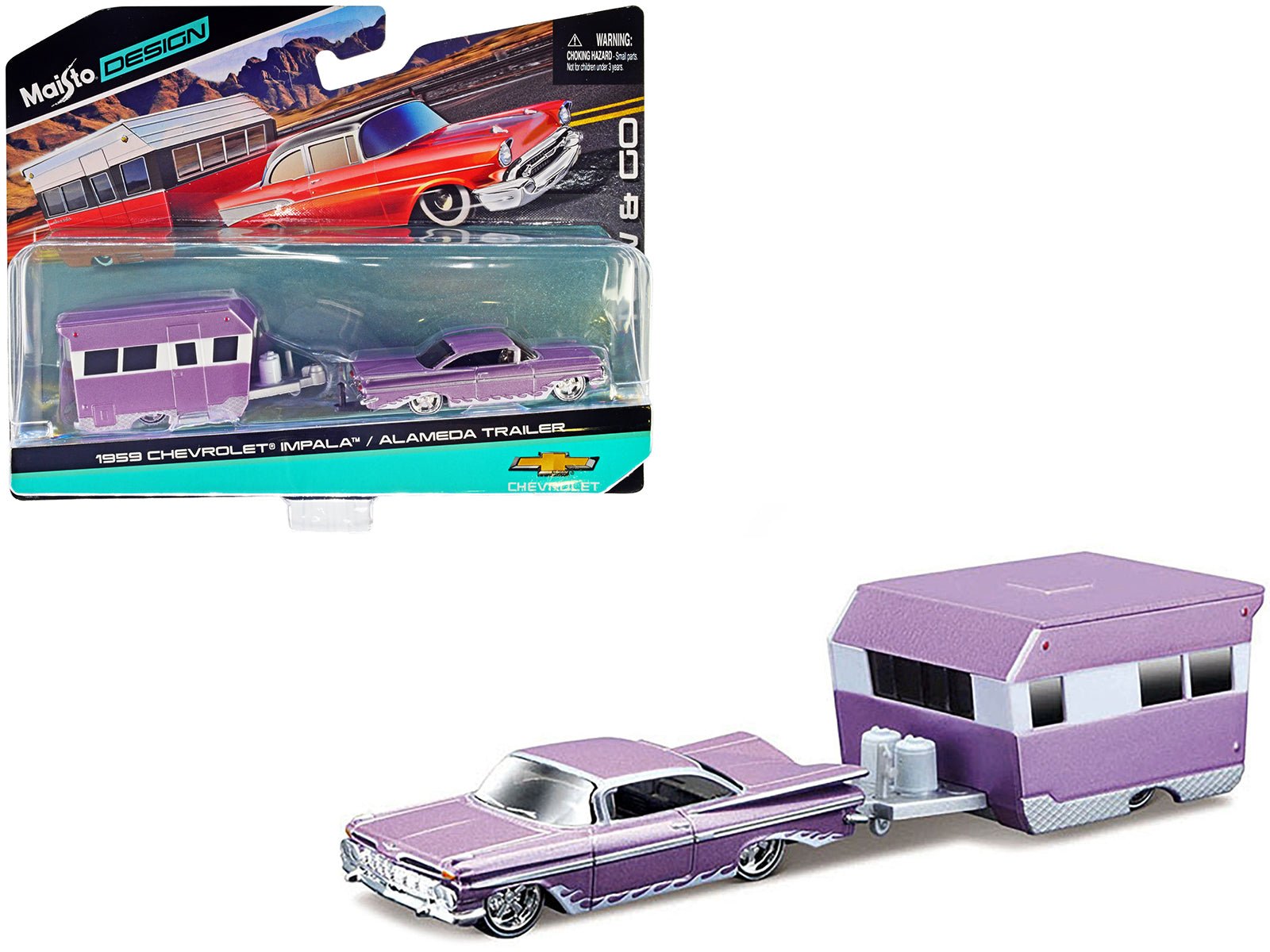 1959 Chevrolet Impala Purple Metallic with White Graphics and Alameda Trailer Purple Metallic and White "Tow & Go" Series 1/64 Diecast Model Car by Maisto free shipping USA - Rapid Vehicles
