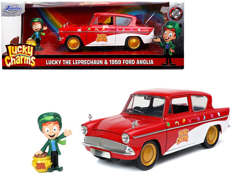 1959 Ford Anglia Red and White with Lucky the Leprechaun Diecast Figurine "Lucky Charms" 1/24 Diecast Model Car by Jada free shipping USA - Rapid Vehicles