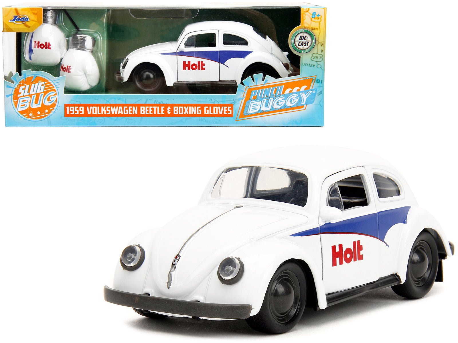 1959 Volkswagen Beetle "Holt" White with Blue Graphics and Boxing Gloves Accessory "Punch Buggy" Series 1/32 Diecast Model Car by Jada free shipping USA - Rapid Vehicles