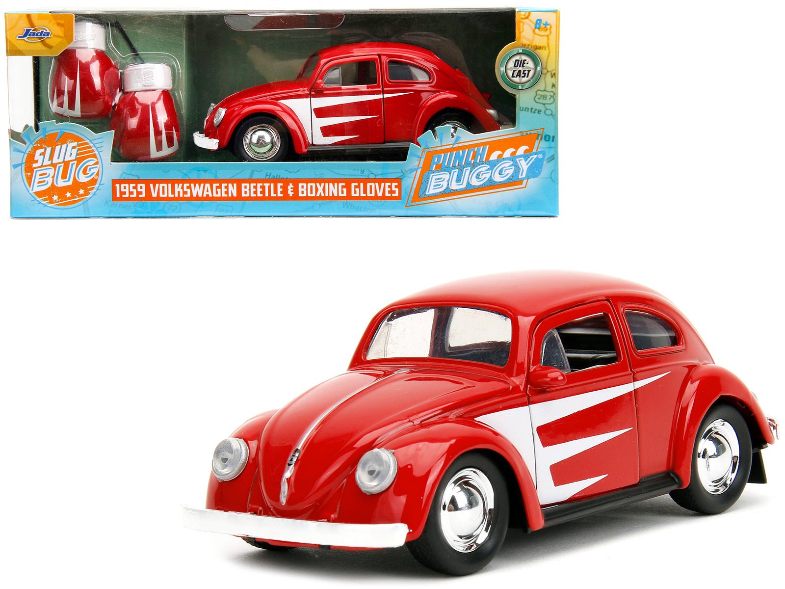 1959 Volkswagen Beetle Red with White Graphics and Boxing Gloves Accessory "Punch Buggy" Series 1/32 Diecast Model Car by Jada free shipping USA - Rapid Vehicles