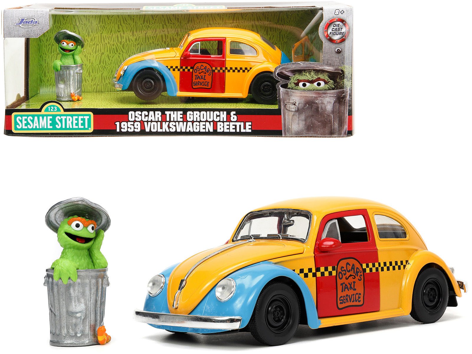 1959 Volkswagen Beetle Taxi Yellow and Blue "Oscar's Taxi Service" and Oscar the Grouch Diecast Figure "Sesame Street" "Hollywood Rides" Series 1/24 Diecast Model Car by Jada free shipping USA - Rapid Vehicles