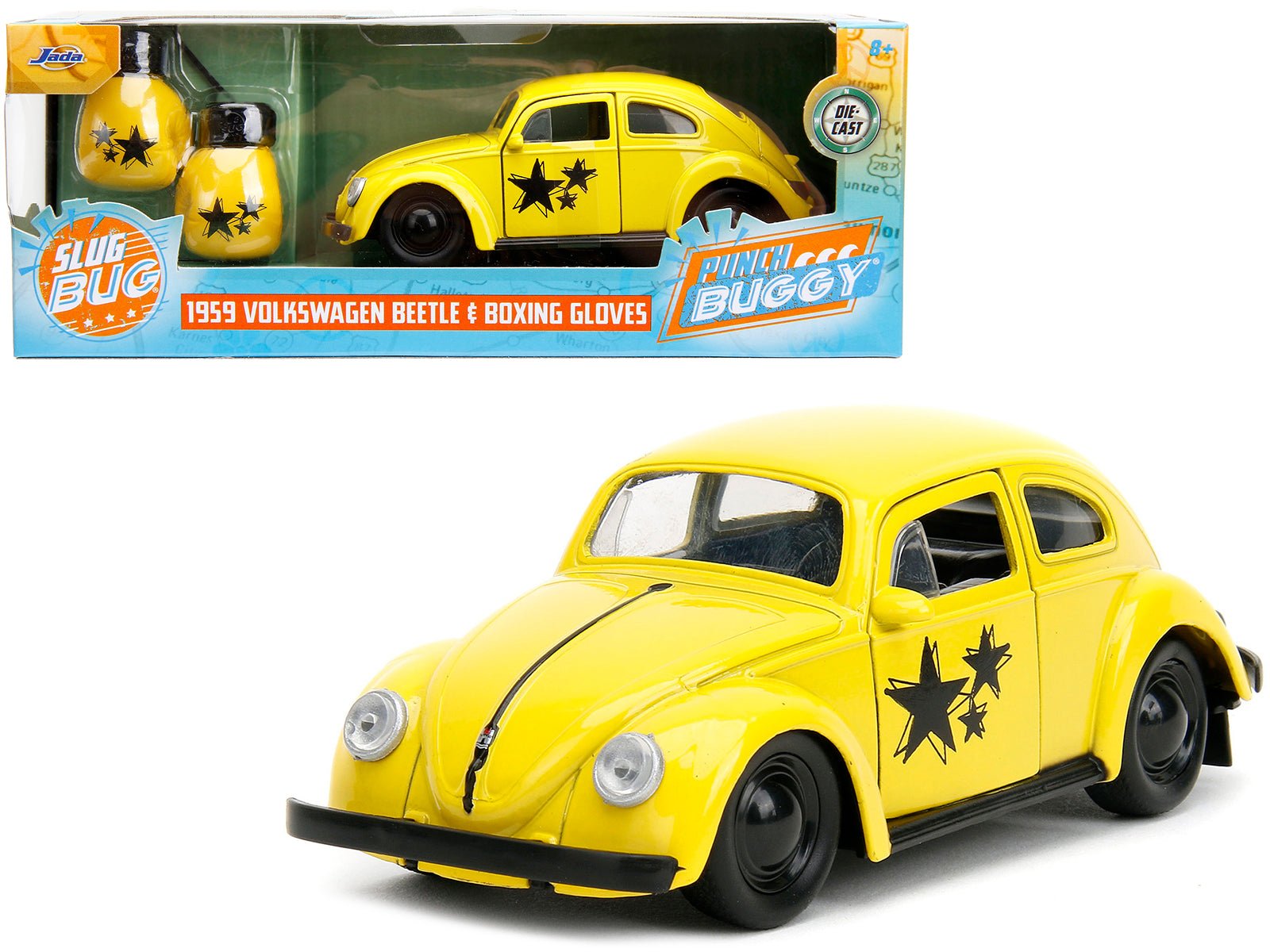1959 Volkswagen Beetle Yellow with Black Graphics and Boxing Gloves Accessory "Punch Buggy" Series 1/32 Diecast Model Car by Jada free shipping USA - Rapid Vehicles