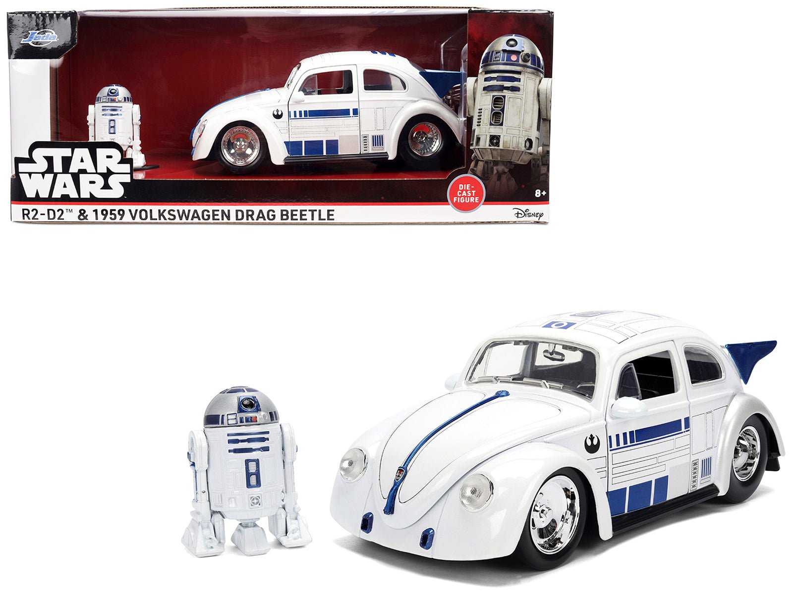 1959 Volkswagen Drag Beetle White with Graphics and R2-D2 Figure "Star Wars" Franchise "Hollywood Rides" Series 1/24 Diecast Model Car by Jada free shipping USA - Rapid Vehicles