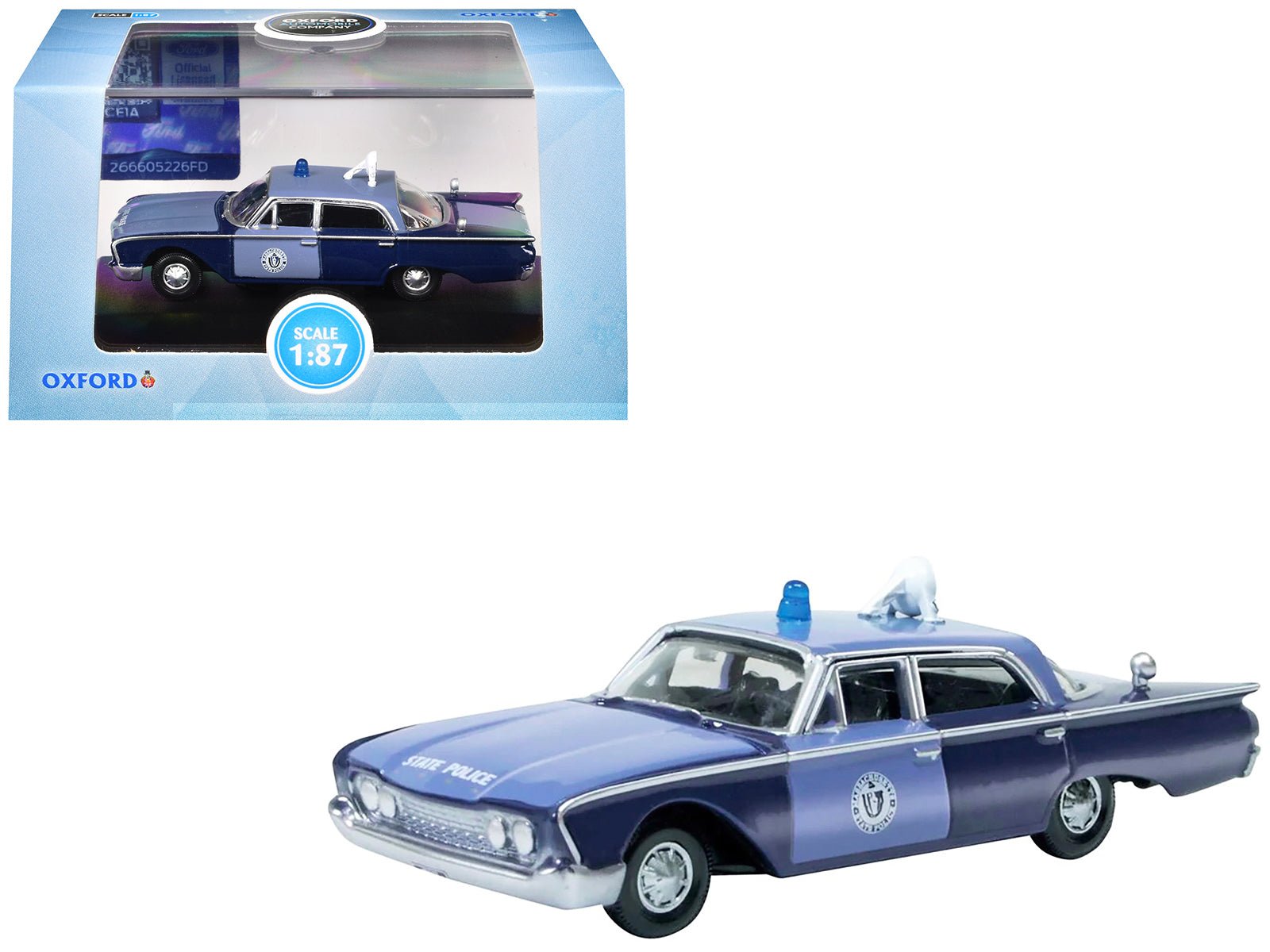 1960 Ford Fairlane Sedan "Massachusetts State Police Radar Car" Blue Two - Tone 1/87 (HO) Scale Diecast Model Car by Oxford Diecast free shipping USA - Rapid Vehicles